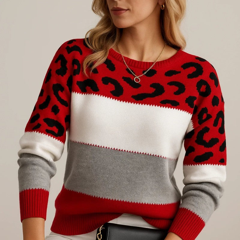 Damehæklet sweater - Leopardprint og farveblok