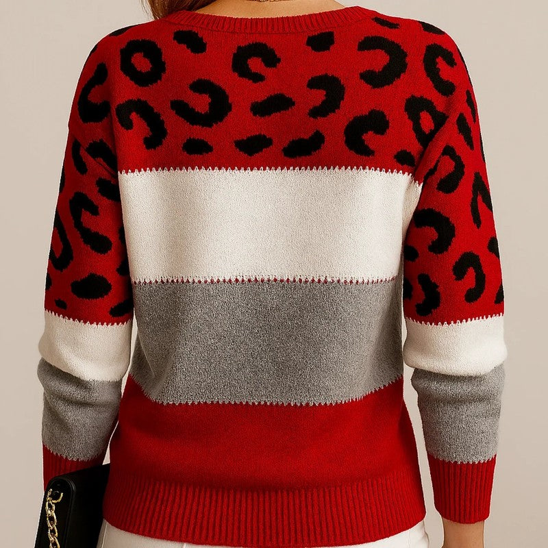 Damehæklet sweater - Leopardprint og farveblok