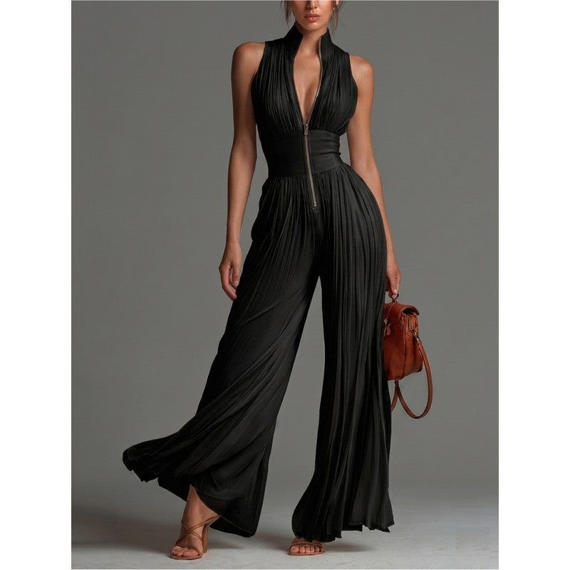 Damejumpsuit med dyb V-hals og vide bukser - Sort
