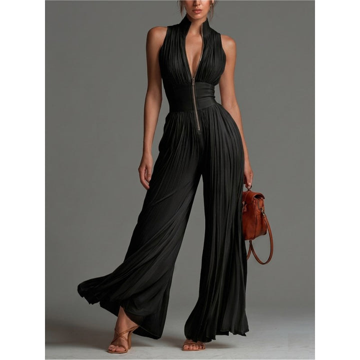 Damejumpsuit med dyb V-hals og vide bukser - Sort