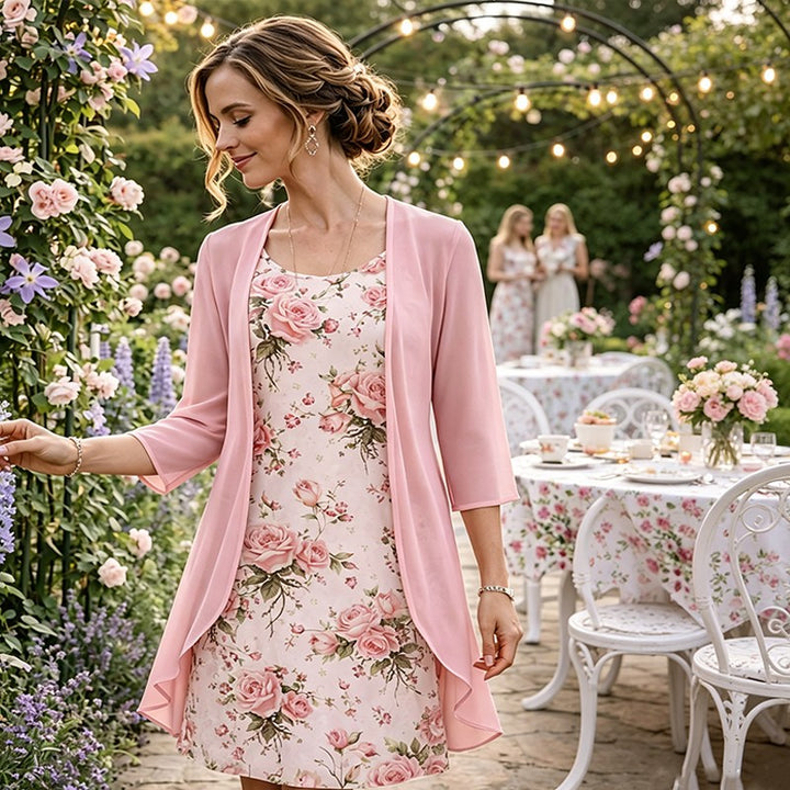 Dames tweedelt sæt - blomstermønstret kjole og åbent vest