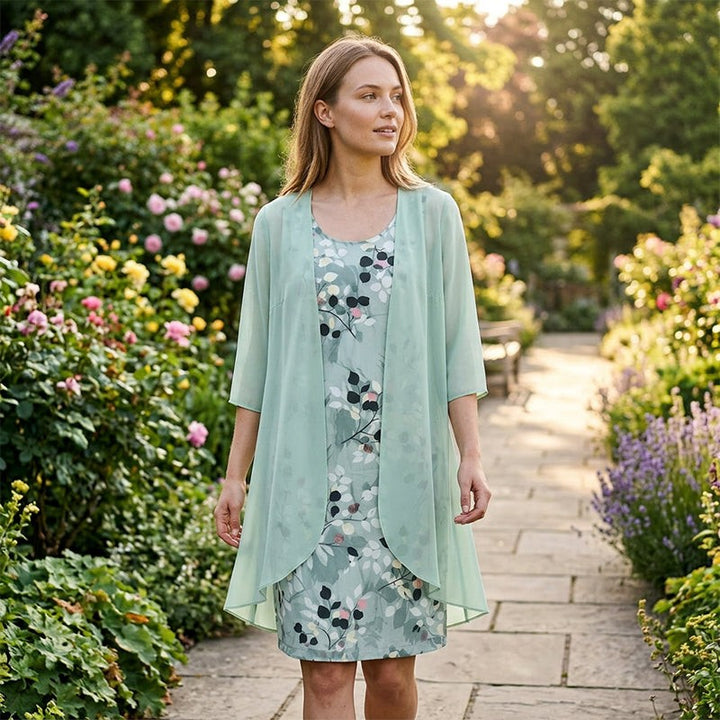 Dames tweedelt sæt - blomstermønstret kjole og åbent vest