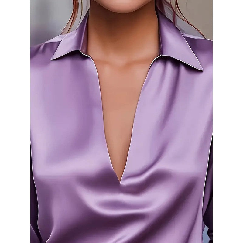 Dames V-hals bluse - Langærmede med rynket ærme