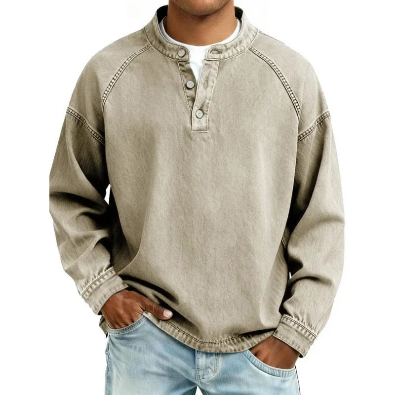 Herres sweater med langærmer og delvis knapper